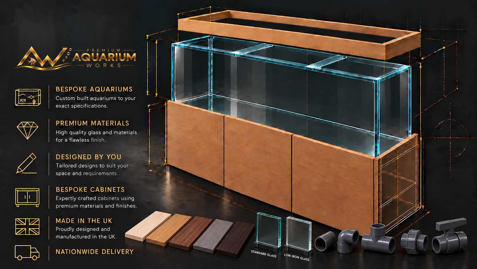 Premium Aquarium Works: bespoke aquariums and cabinets, premium materials, designed by you, made in the UK, with nationwide delivery. Blueprint-style aquarium and cabinet with wood, standard and low-iron glass samples and plumbing fittings.
